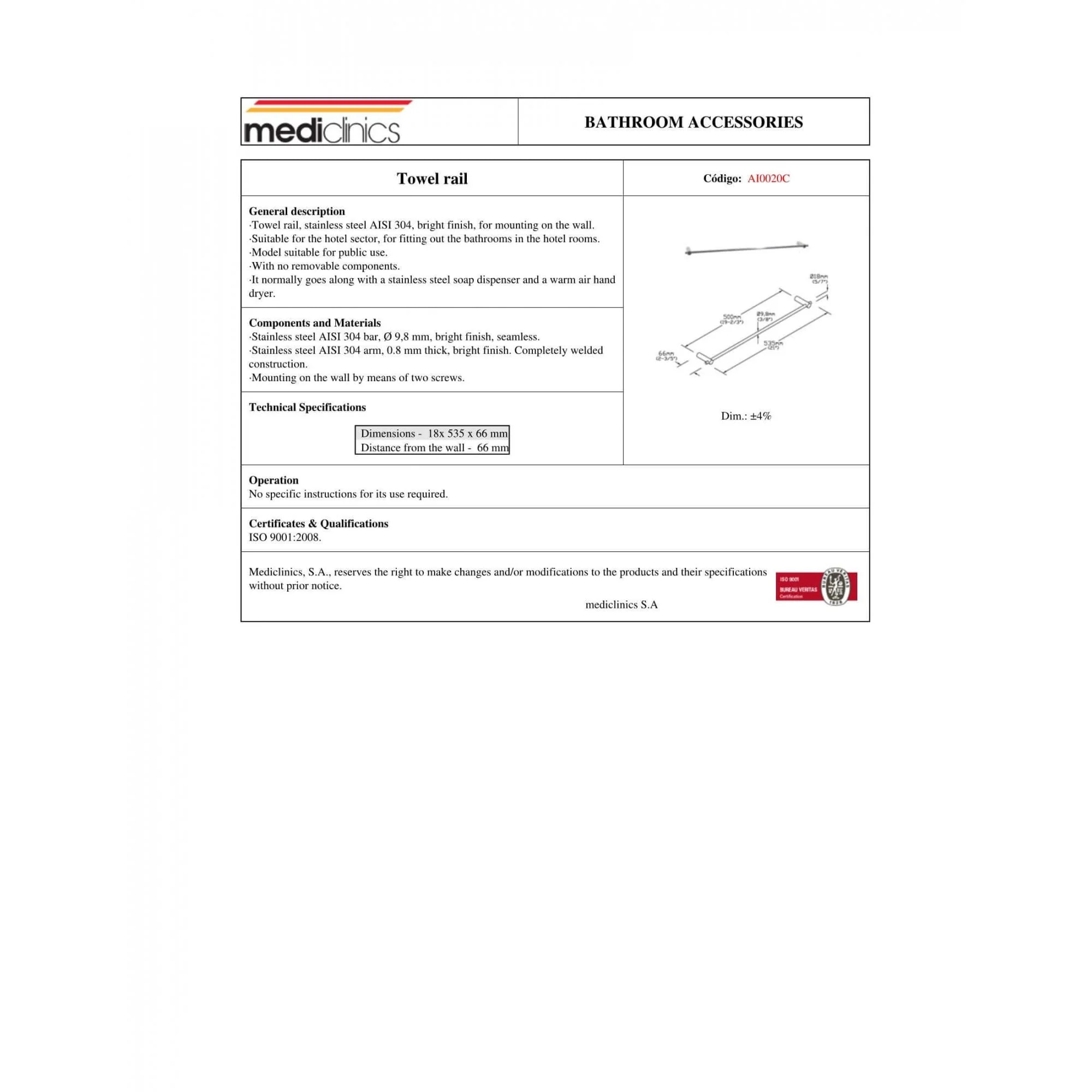 AI0020 Mediclinics Medinox Series AISI 304 Stainless Steel Wall Mounted Towel Rail - Image 3