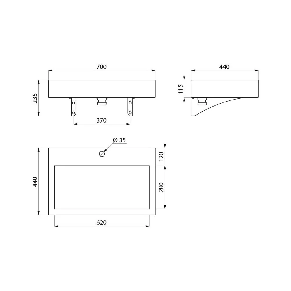AQUEDUTO 700x440 Stainless Steel Wall Mounted Basin with Ø35 Tap Hole 121150 / 121150BK - Image 3