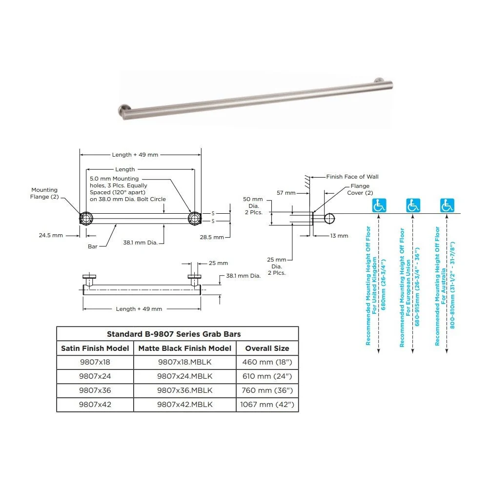 B-9807 FINO Straight Grab Bar with 38mm Bar Diameter (Various Lengths) - Image 5