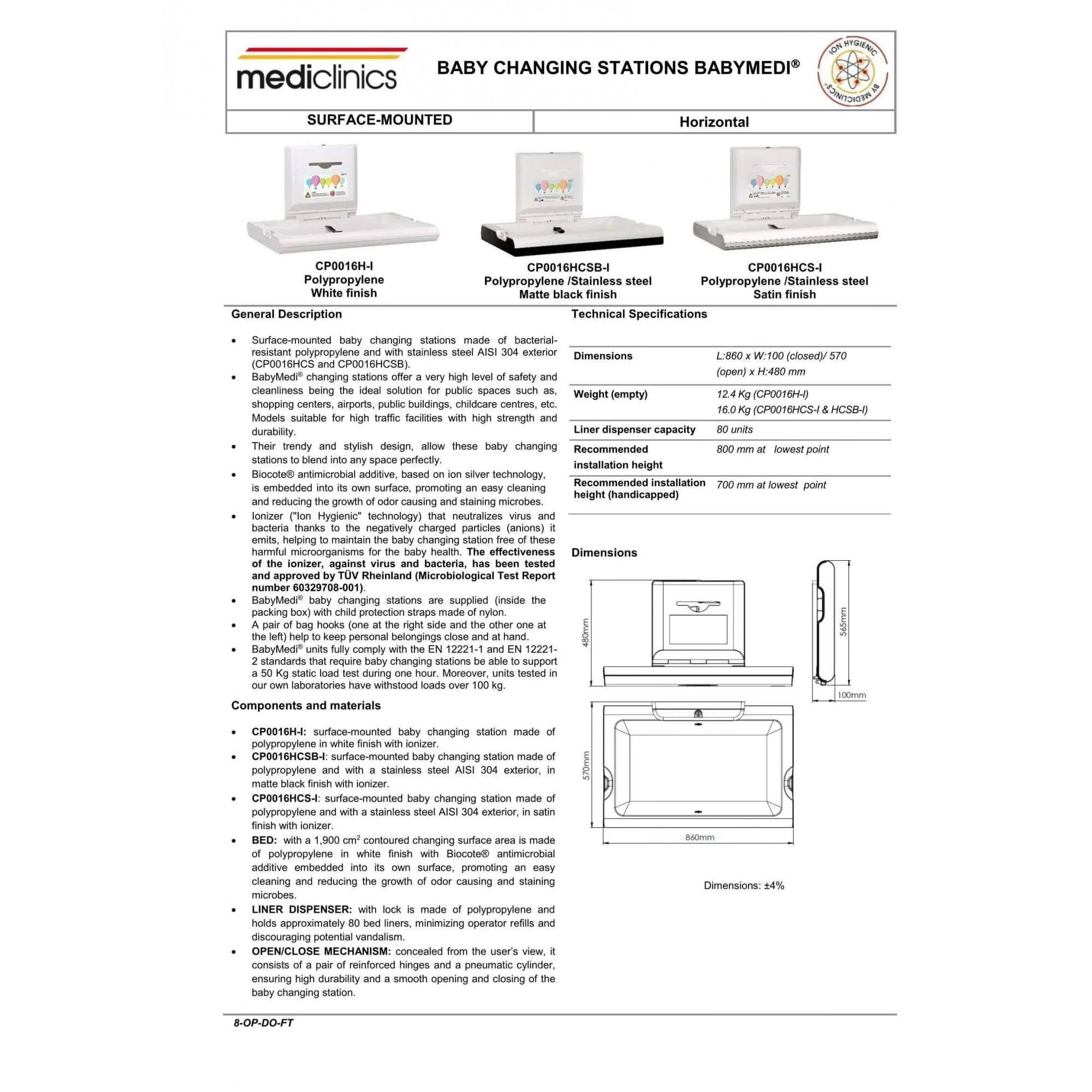 BabyMedi® Horizontal Baby Changing Station - Polypropylene / Stainless Steel with Ioniser - Image 13