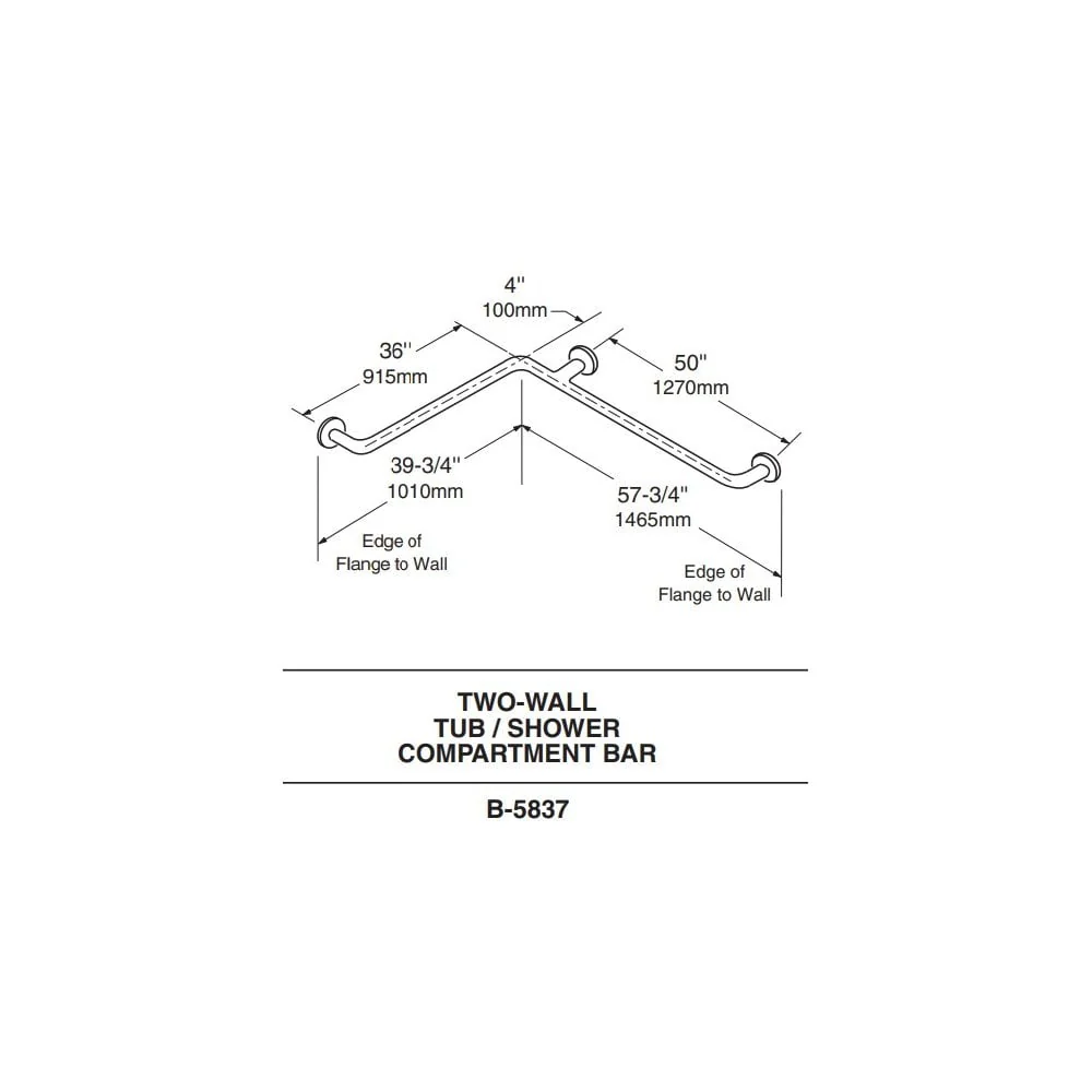 B-5837 Horizontal Bathroom 32mm Diameter Grab Rail for Two Walls (1010 x 1465mm) - Image 3