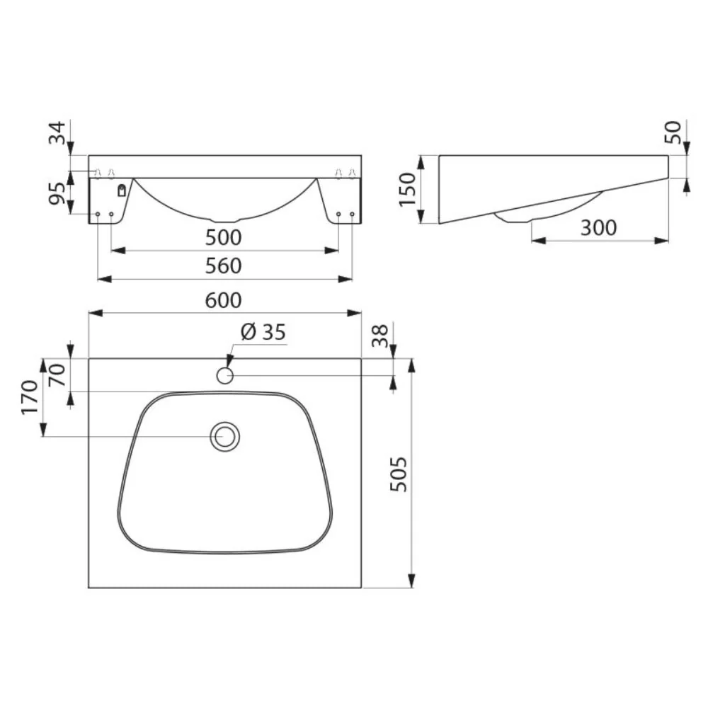 120270 / 121270 TRAPEZ Washbasin 600x505 Washbasin (With or Without Tap Hole) - Image 4