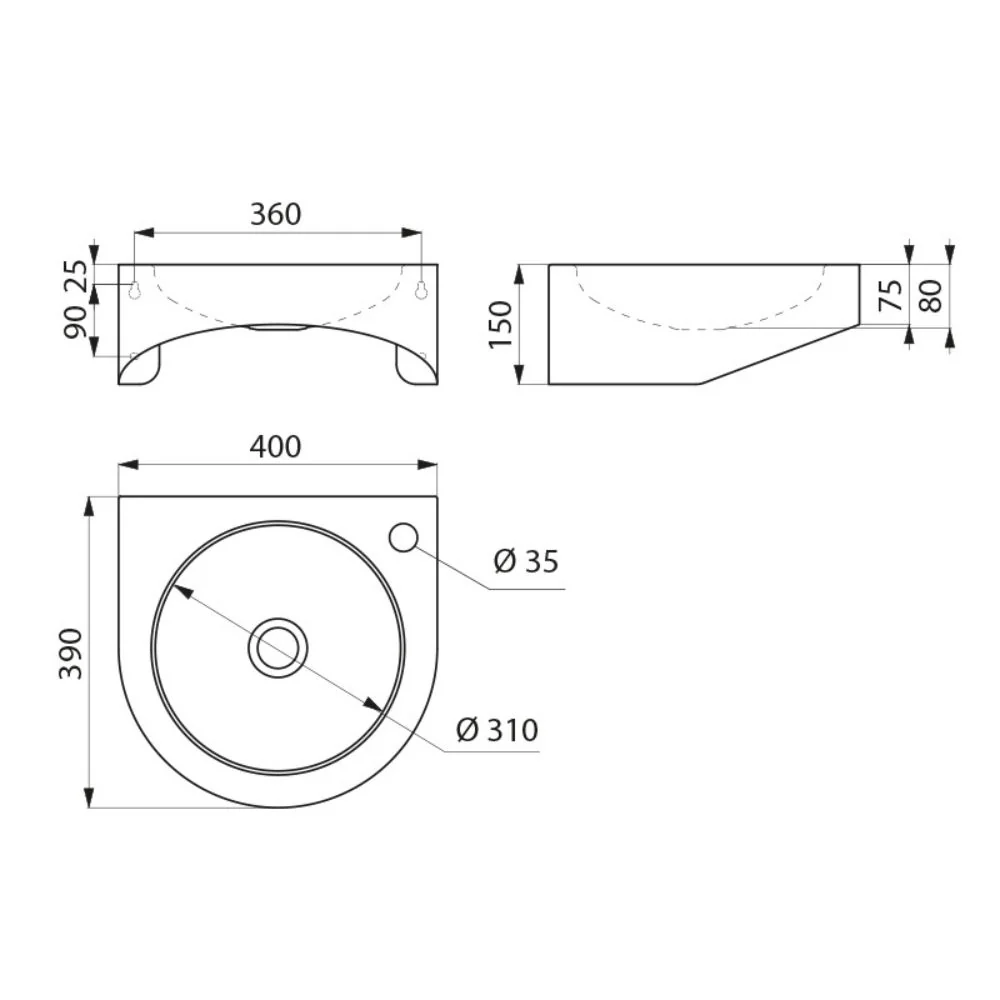 120400 / 123400 Person with Reduced Mobility XS Wall Mounted 390x400 Washbasin (With or Without Tap Hole) - Image 5