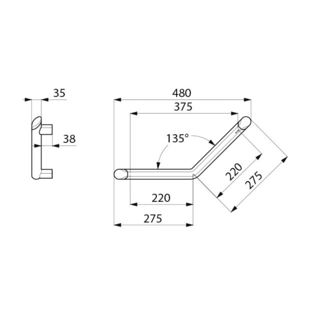 511983 Be-Line 135° Angled Ø35mm 220x220 Aluminium Grab Bar - Image 3
