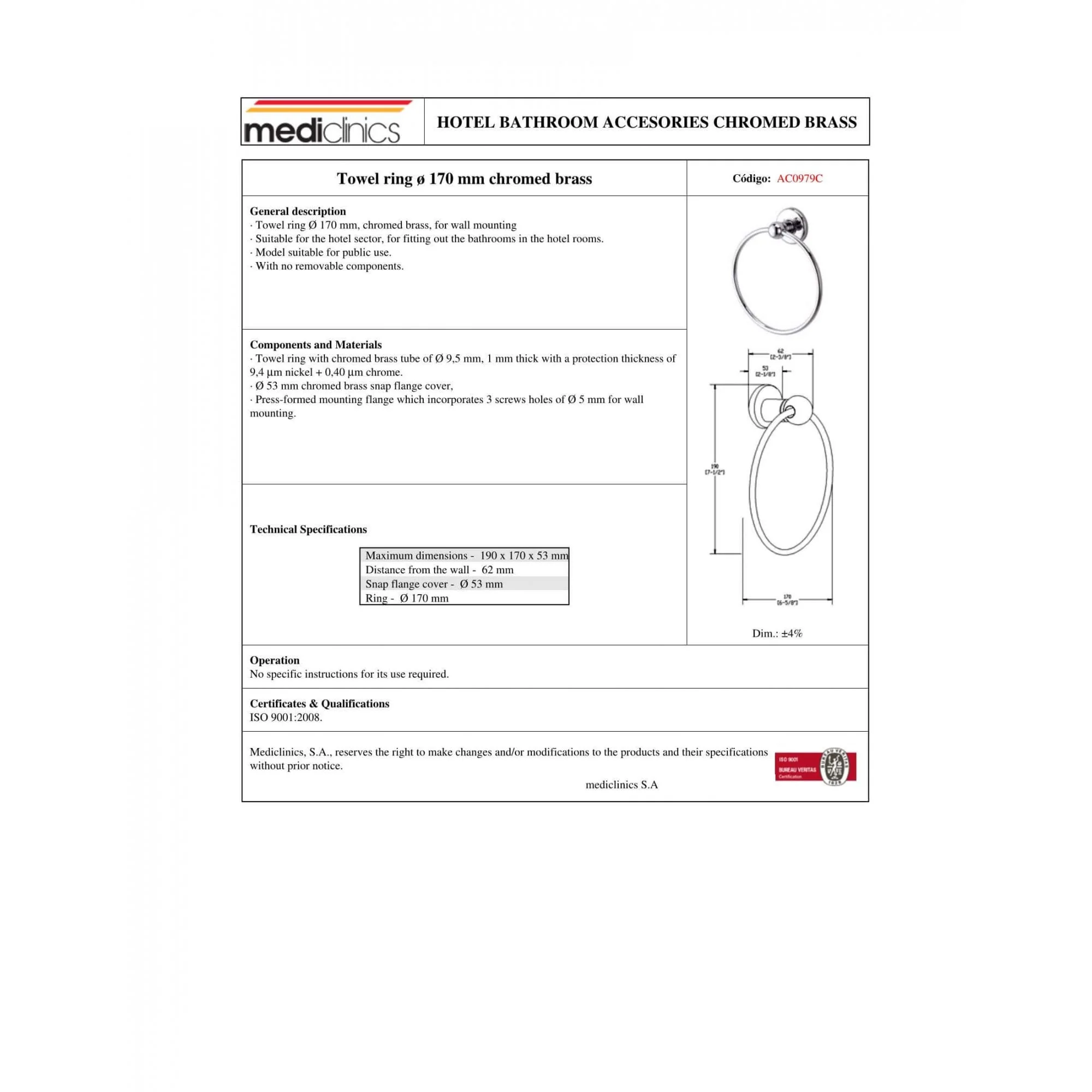 Mediclinics Chrome Plated Brass 170mm Towel Ring - Image 2