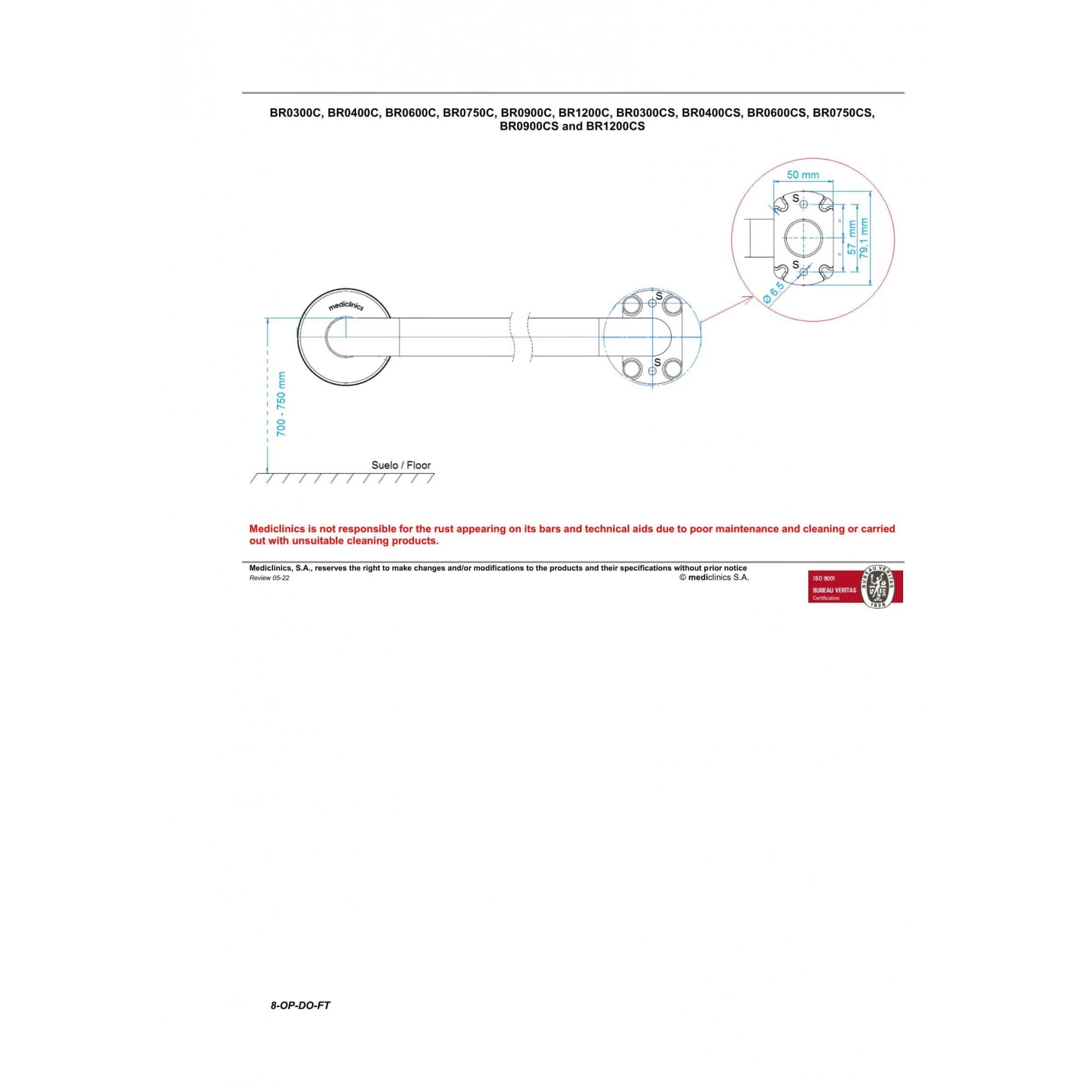 Mediclinics Medinox Series 32mm Diameter AISI 201 Stainless Steel Straight Grab Rail (Various Lengths) - Image 5