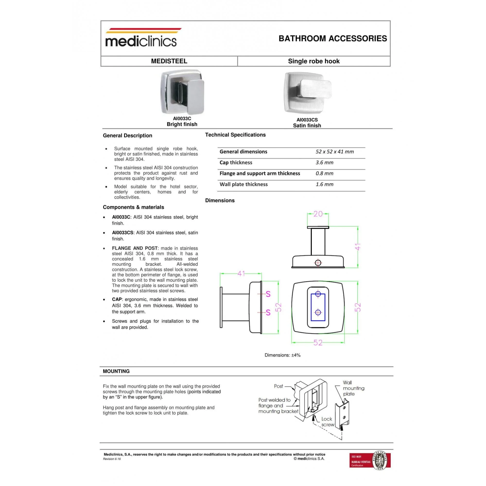Mediclinics Single Bathroom Robe Hook - Image 3