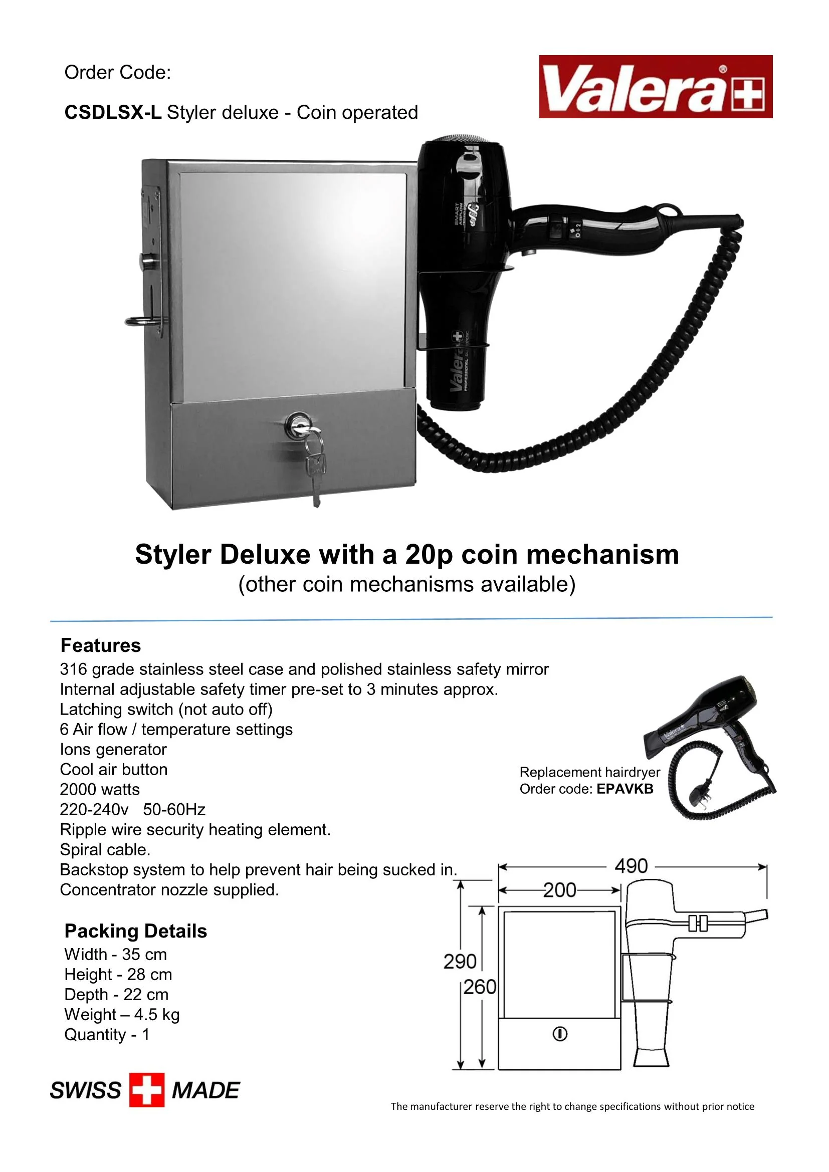 Styler Deluxe with a 20p Coin Mechanism & Swiss Silent Jet 7700 Ionic Hair Dryer | CSDLSX-L - Image 2