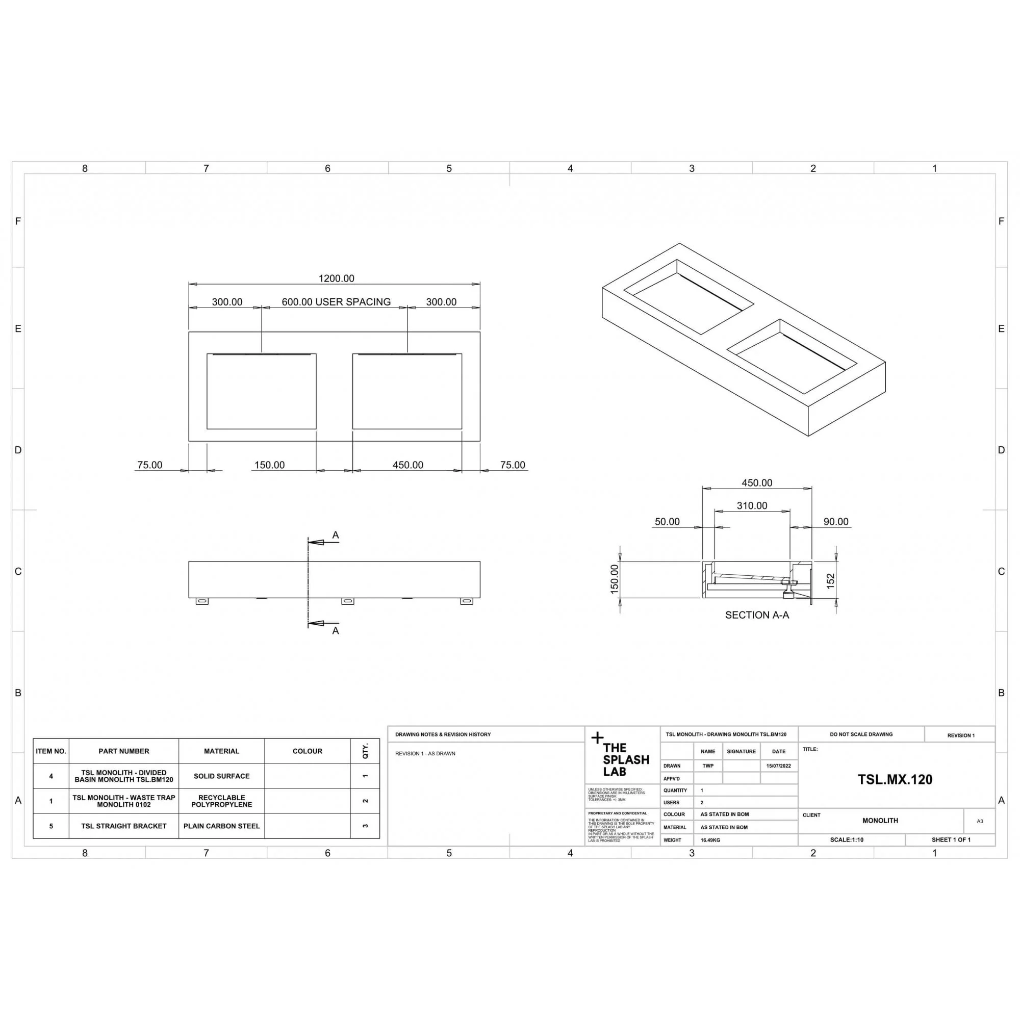 The Monolith M+ or L+ Series Wall Mounted Wash Basin L.1200mm (450 or 600mm Depth) - Image 4