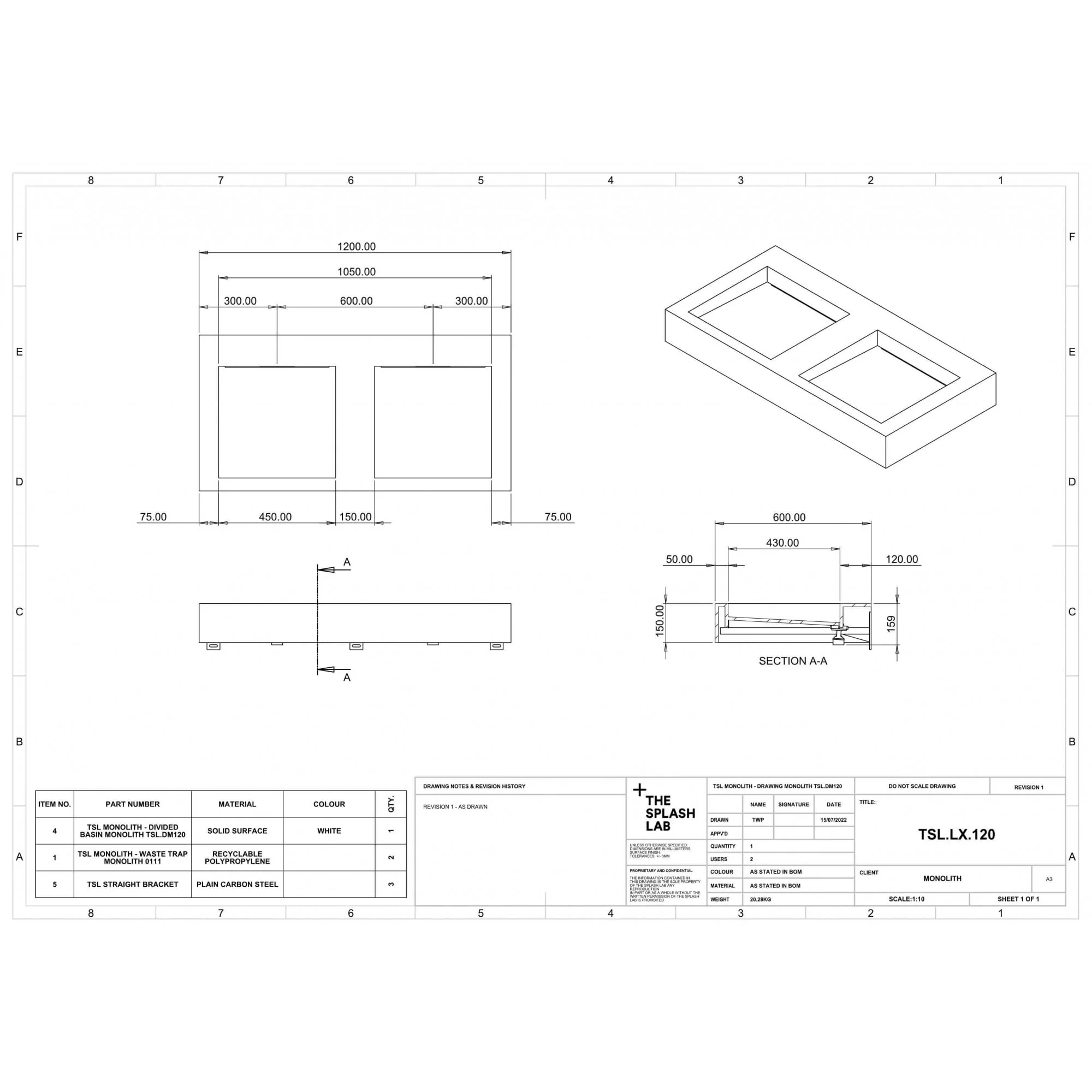 The Monolith M+ or L+ Series Wall Mounted Wash Basin L.1200mm (450 or 600mm Depth) - Image 5