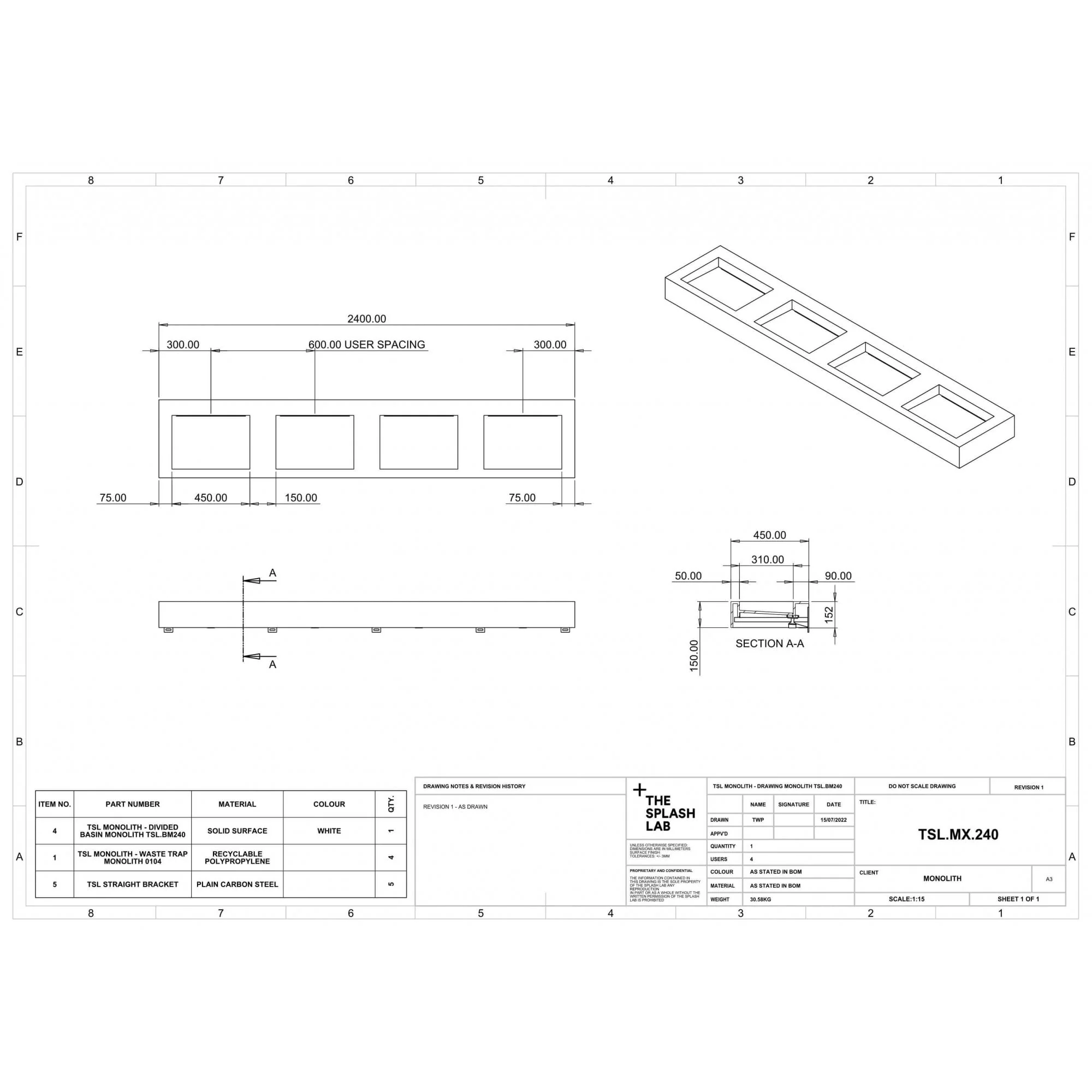 The Monolith M+ or L+ Series Wall Mounted Wash Basin L.2400mm (450 or 600mm Depth) - Image 7