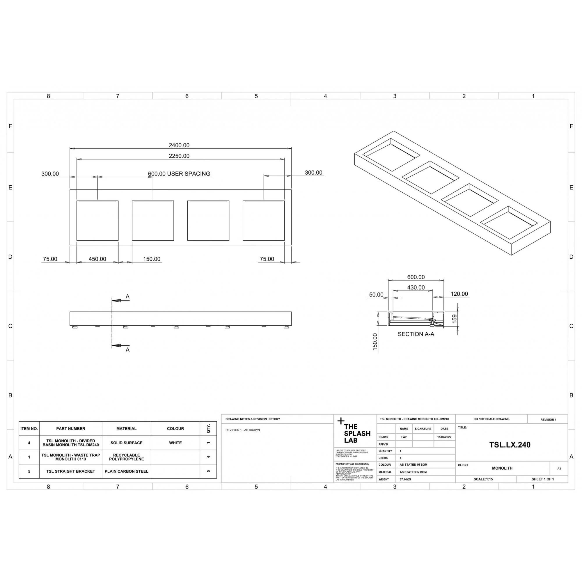 The Monolith M+ or L+ Series Wall Mounted Wash Basin L.2400mm (450 or 600mm Depth) - Image 8