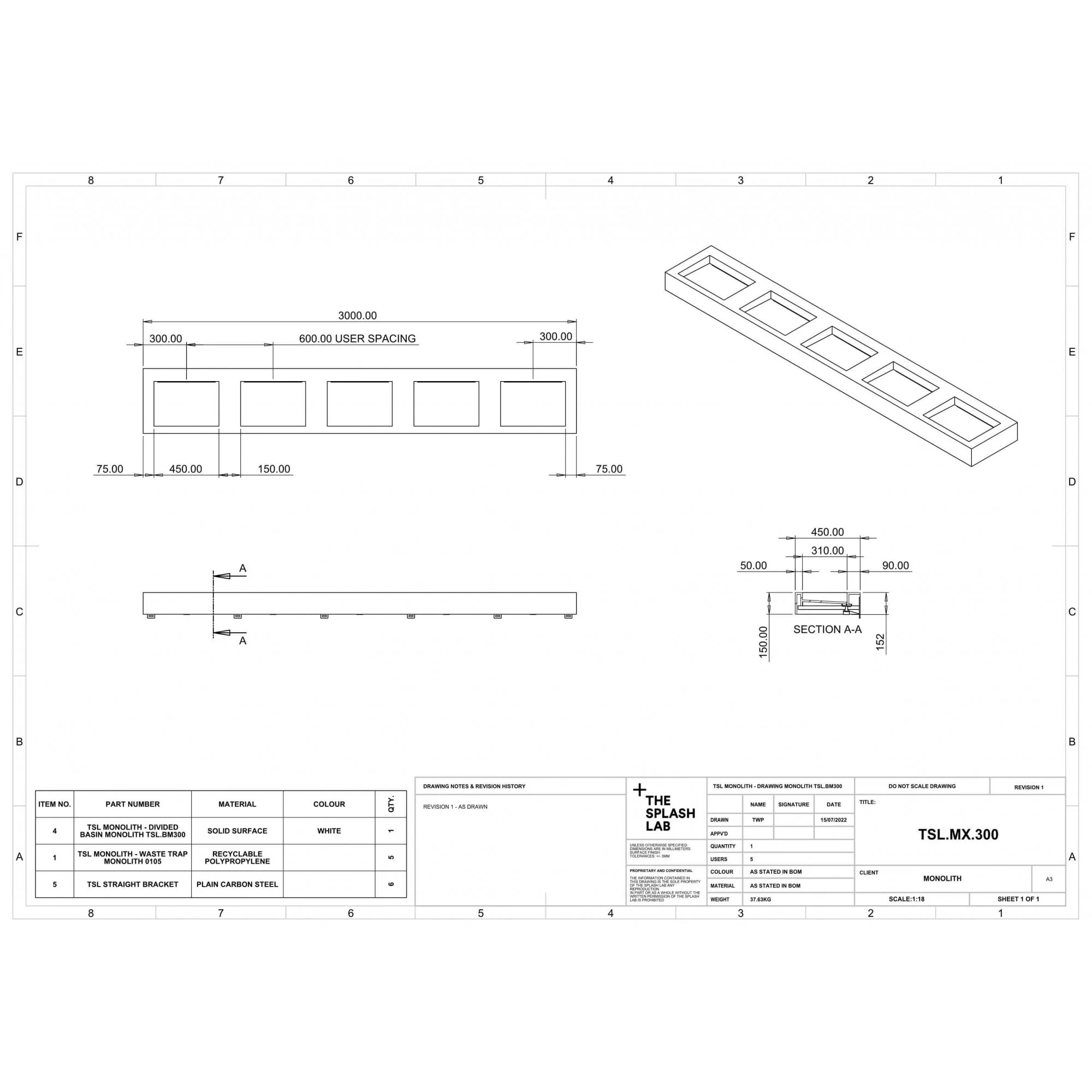The Monolith M+ or L+ Series Wall Mounted Wash Basin L.3000mm (450 or 600mm Depth) - Image 7