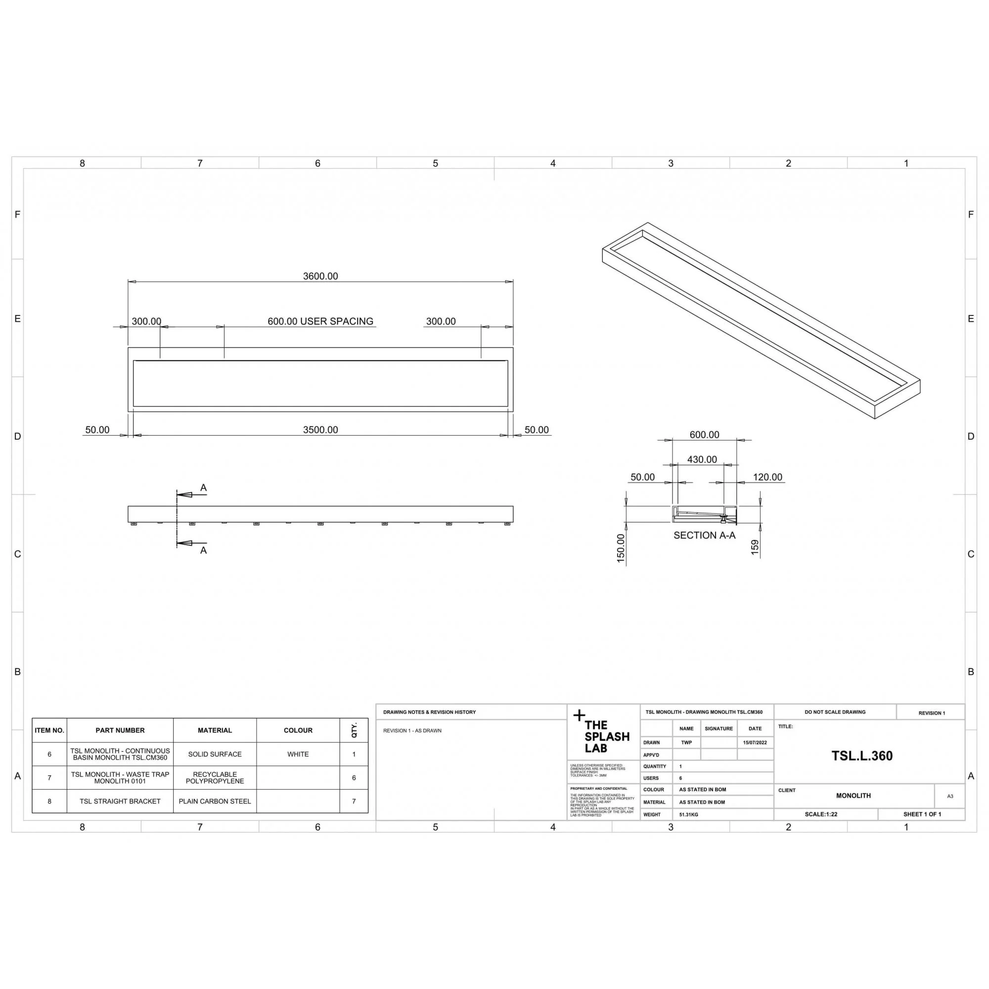The Monolith M or L Series Wall Mounted Wash Basin L.3600mm (450 or 600mm Depth) - Image 8