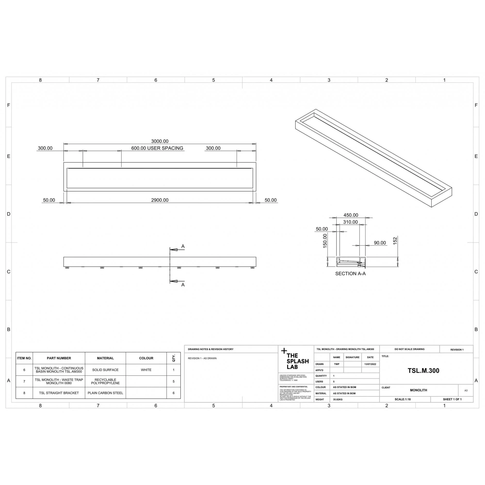 The Monolith S, M or L Series Wall Mounted Wash Basin L.3000mm (300, 450 or 600mm Depth) - Image 5