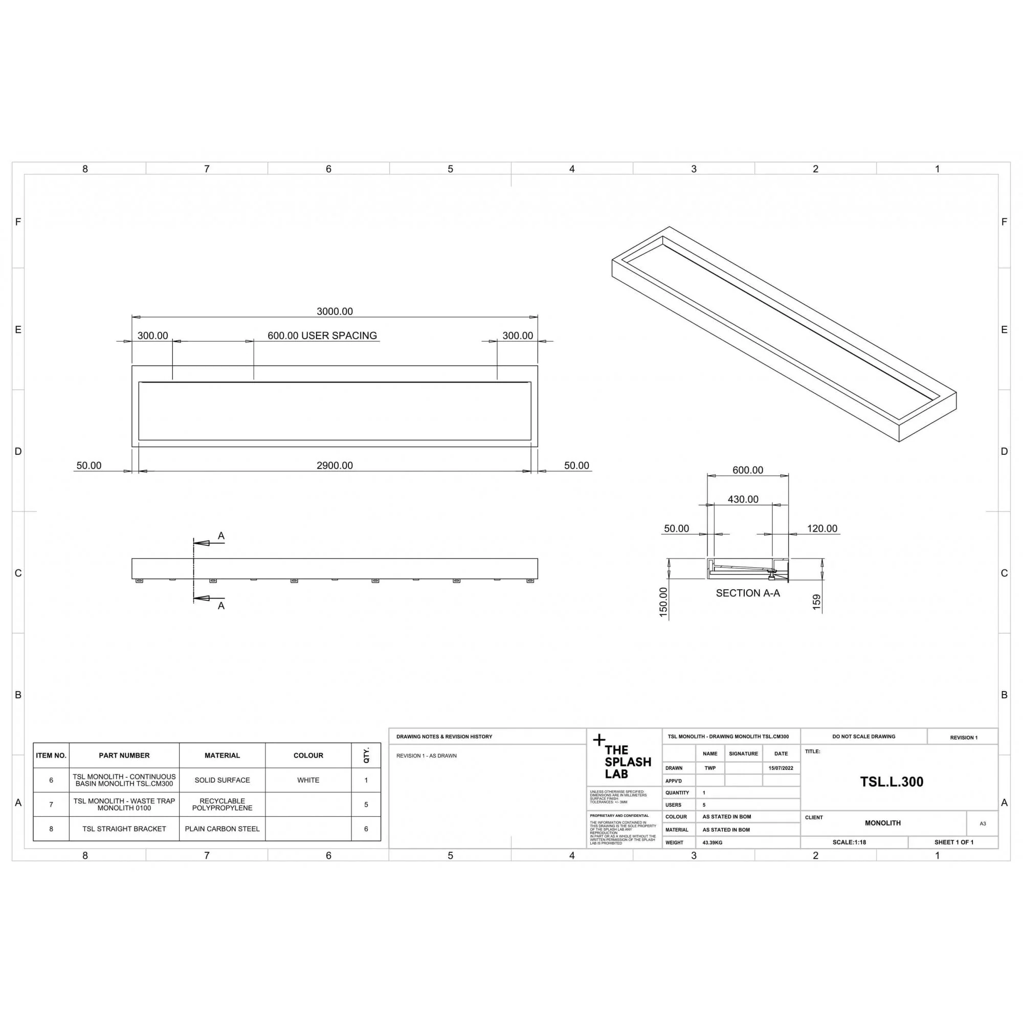 The Monolith S, M or L Series Wall Mounted Wash Basin L.3000mm (300, 450 or 600mm Depth) - Image 6