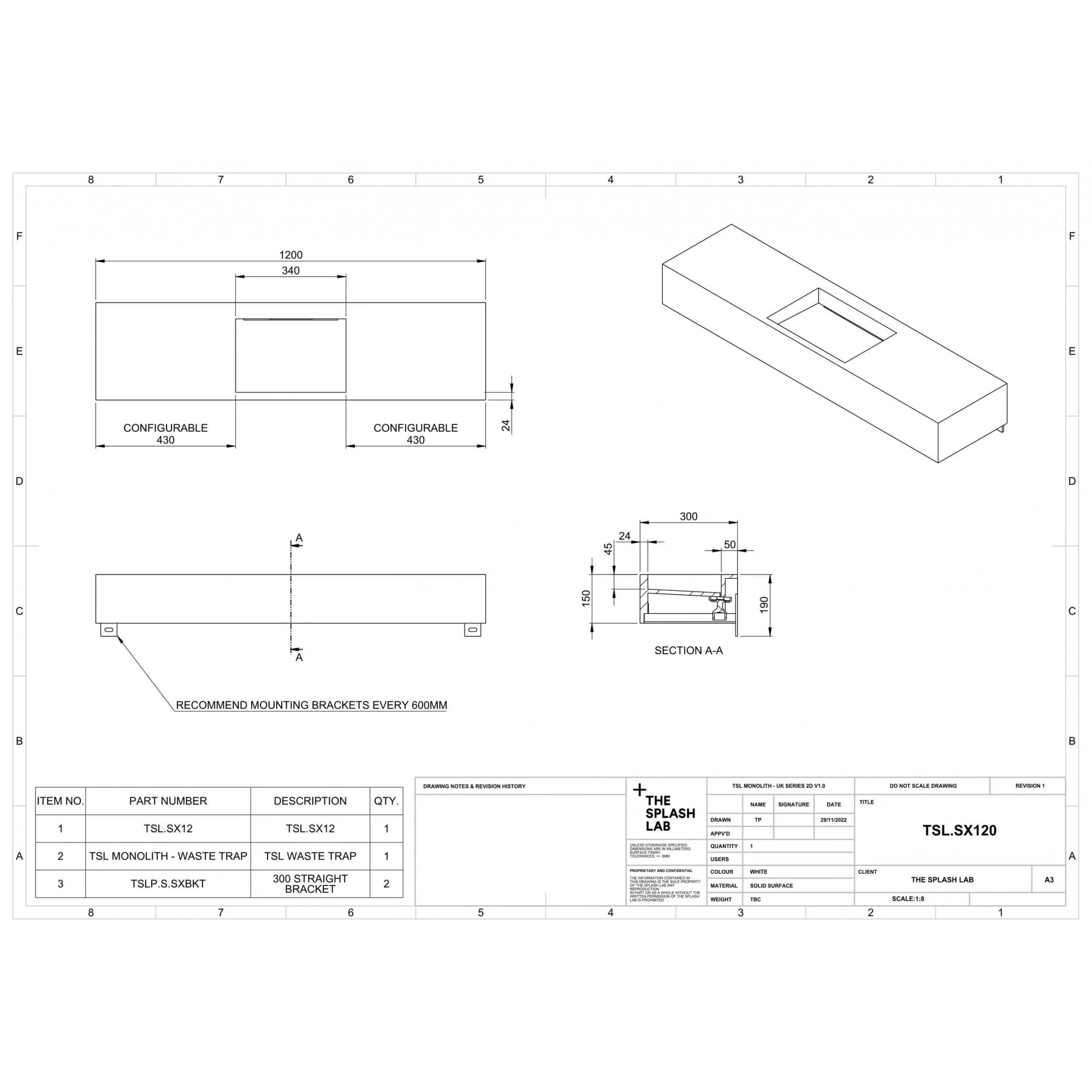 The Monolith S+ Series Wall Mounted Wash Basin With Large Vanity Area 1200x300 - Image 3