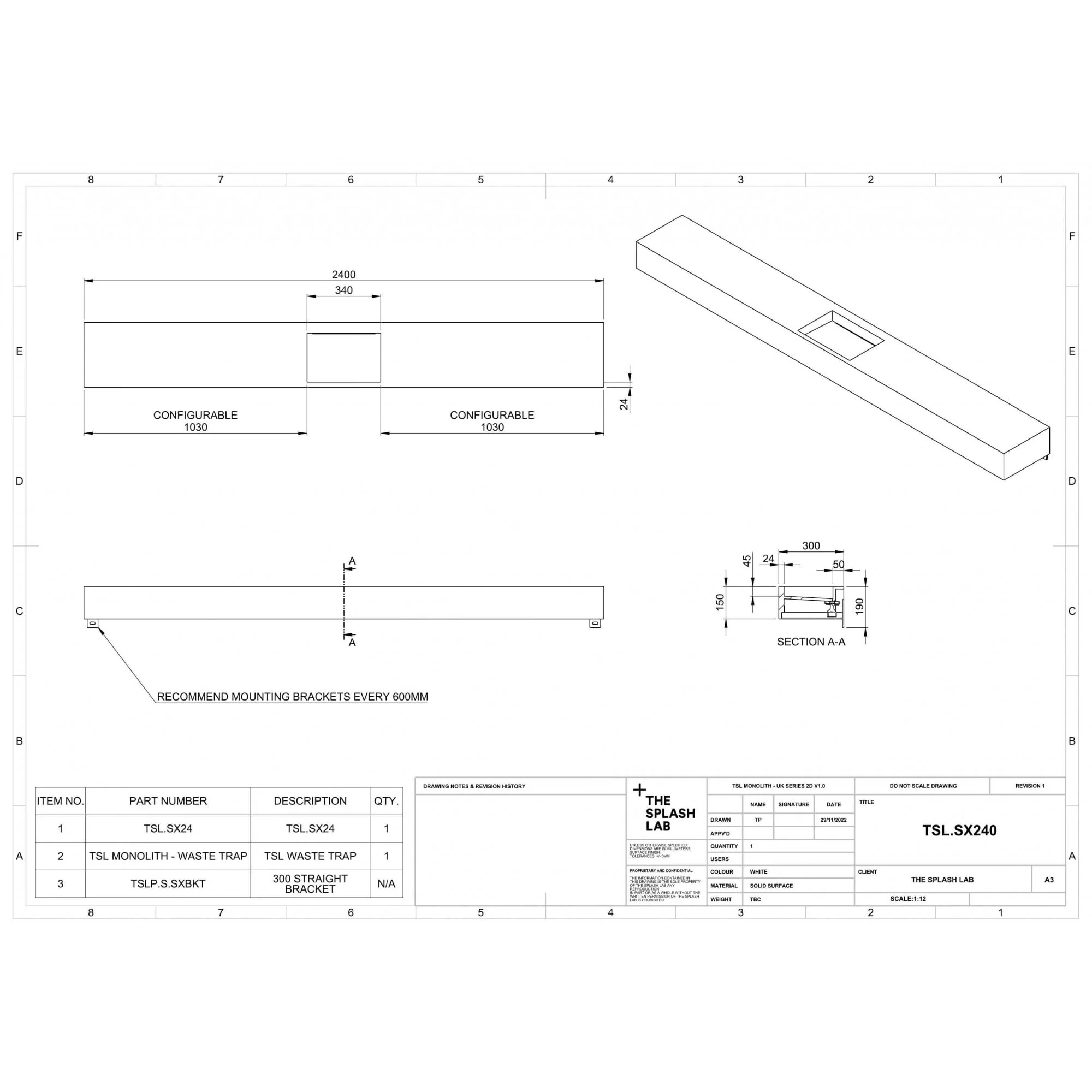 The Monolith S+ Series Wall Mounted Wash Basin With Large Vanity Area 2400x300 - Image 3