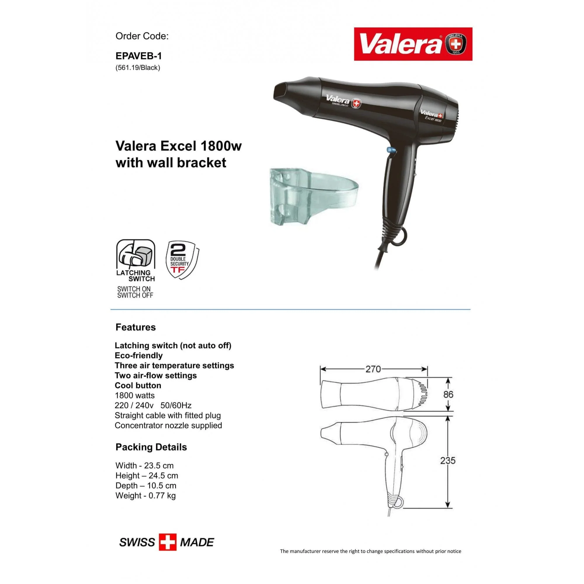 Valera Excel Hair Dryer with Wall Holder 1800W | EPAVEB-1 - Image 2
