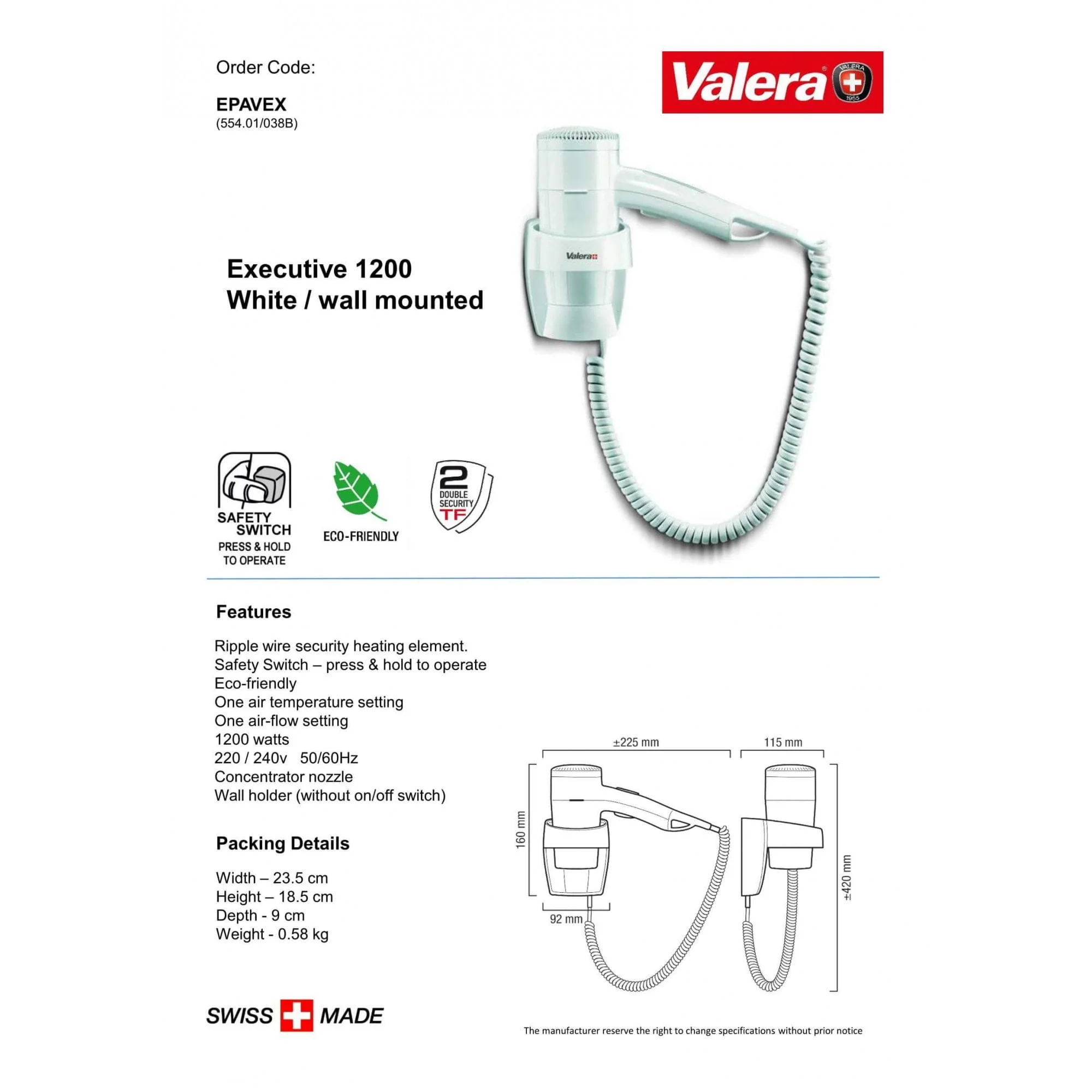 Valera Executive Wall Mounted Hair Dryer With Holder 1200W | EPAVEX - Image 2