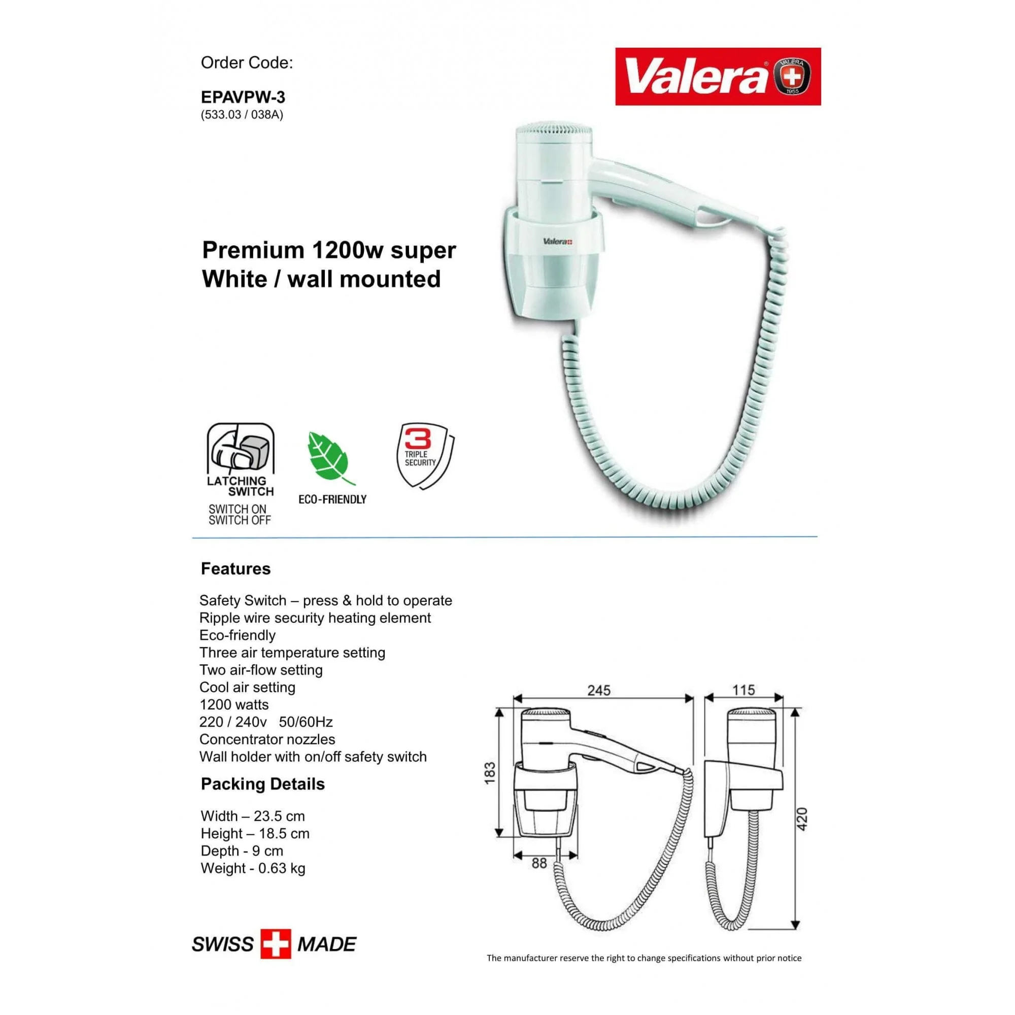 Valera Premium Super Wall Mounted Hair Dryer with Holder 1200W | EPAVPW-3 - Image 2