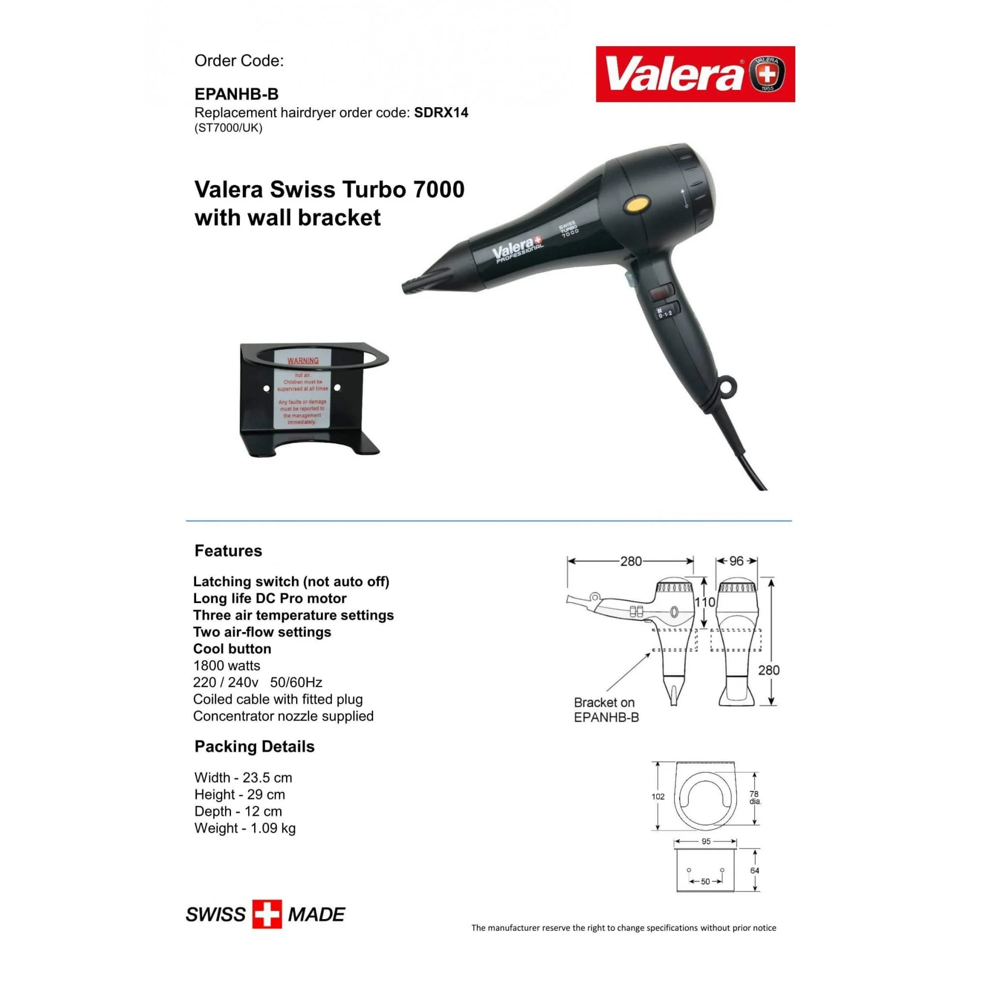 Valera Swiss Turbo 7000 Hair Dryer with Wall Bracket 1800W | EPANHB-B - Image 2